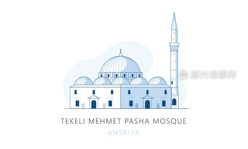 土耳其安塔利亚的Tekeli Mehmet pasha清真寺。安塔利亚著名地标，旅游景点，天际线矢量插图，网页线形图，移动应用程序和测谎仪。